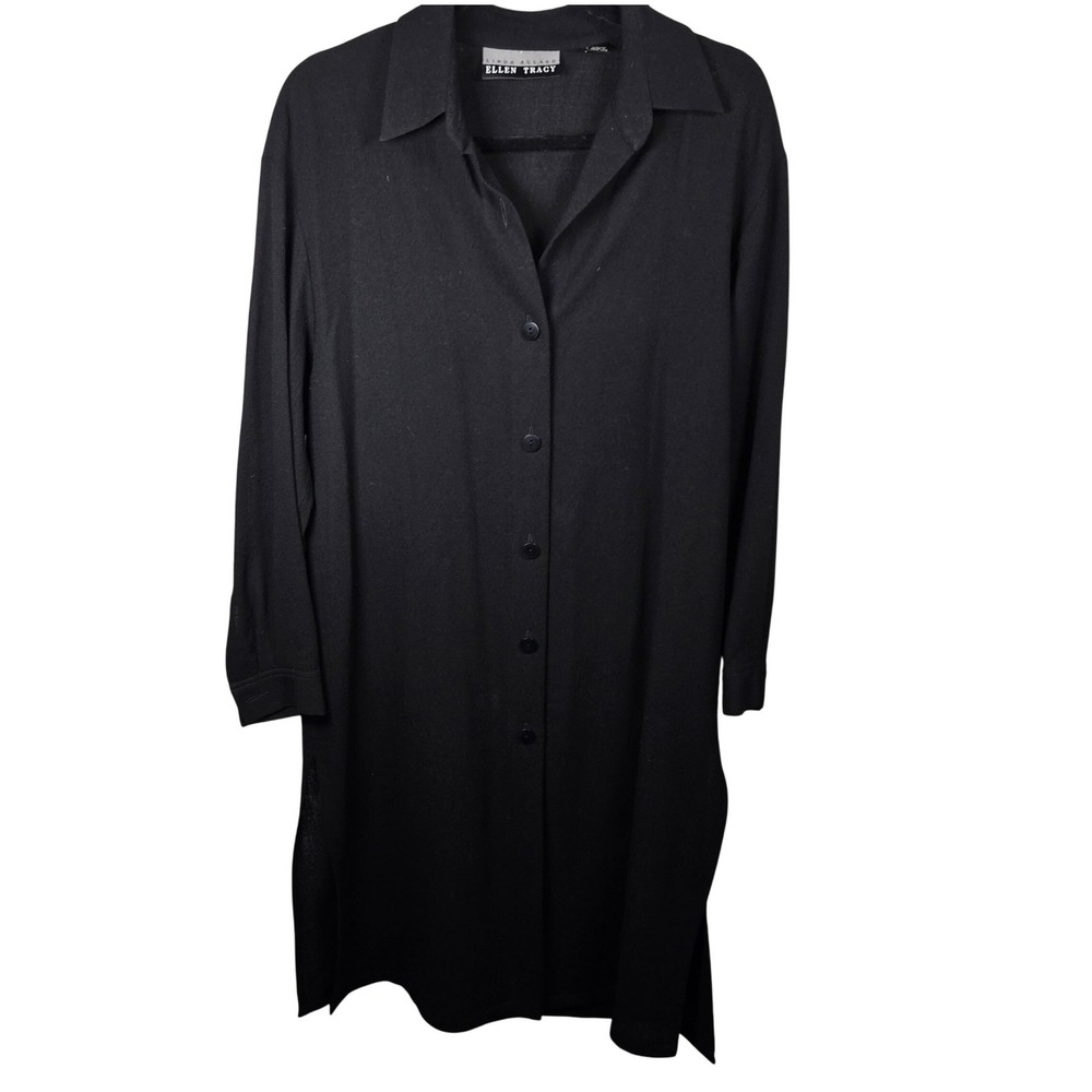 Linda Allard Ellen Tracy Black 100% Wool Button Down Shirt Dress Tunic Size 4